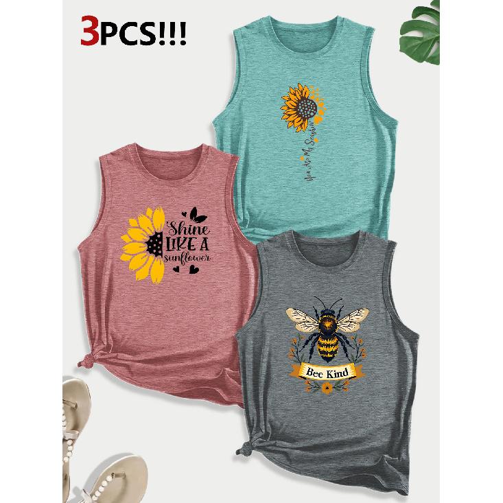 Sunflower and Bee Combination Gift Print Pattern Round Neck3Pack of Sleeveless Vests for Women In Spring, Summer, and Autumn