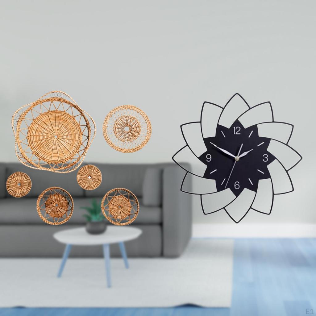 Rattan Woven Wall Art And Acrylic Flower Shaped Hanging Clock for Bedroom Cafe Tea Room Hallway