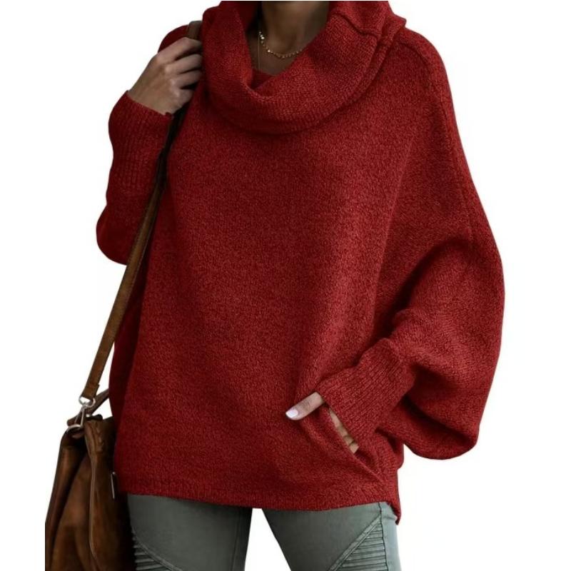 Mode Hög Krage Dam Enfärgad Tröja Mode Pullover Lykta Lös Långärmad Casual Tröja