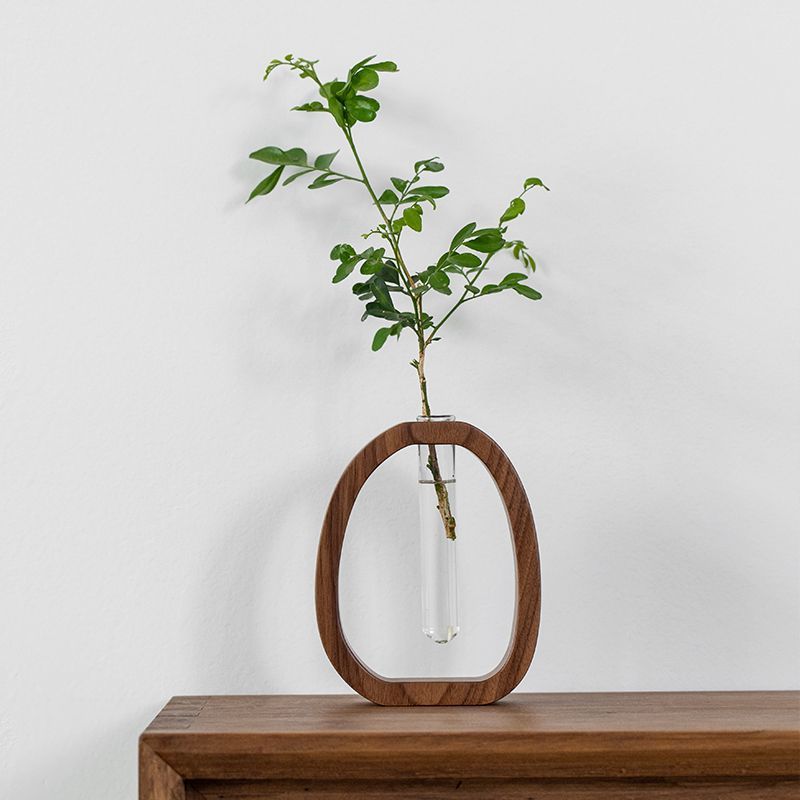 Solid Walnut Frame Hydroponic Glass Vase Modern Water Planter for Desk Flower Arrangement Flowerpot for Home Hotel Decor