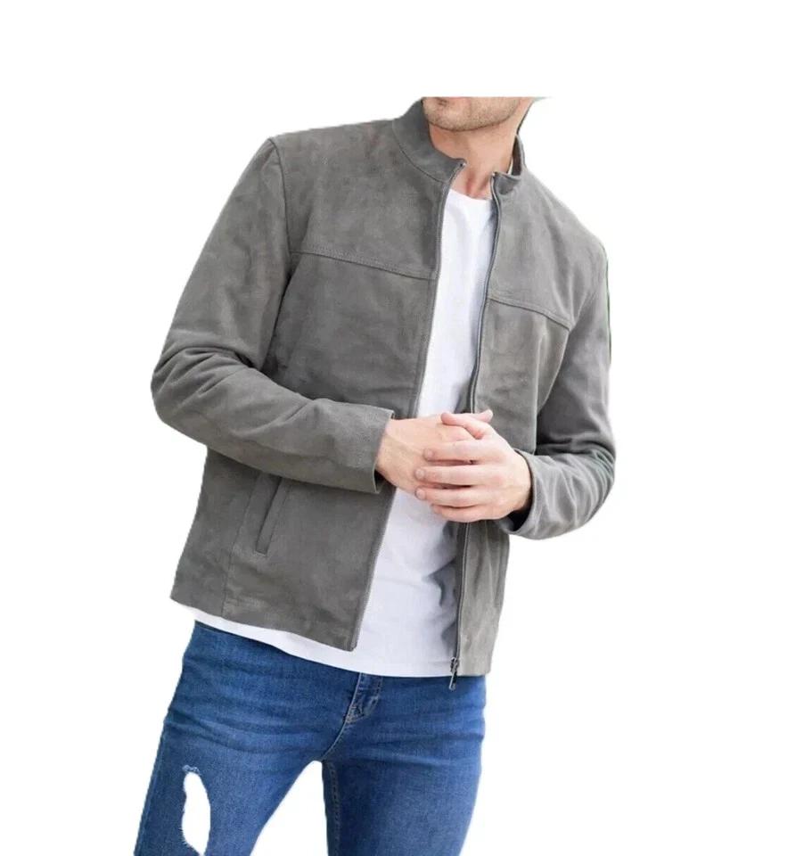 Lambskin Men's Suede Jacket Gray Leather Handmade Genuine Real Stylish Soft Fit
