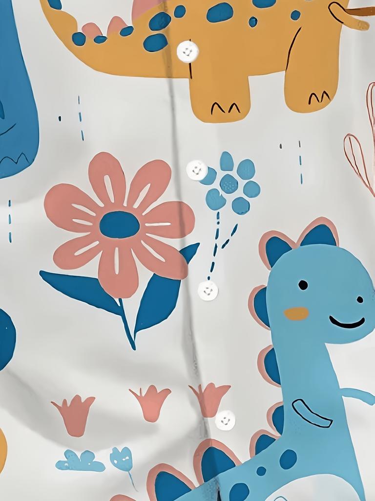 New Men's Casual Short-Sleeve Shirt, Featuring a Playful and Youthful Dinosaur Print. The Full-print Design Combines White-based Cartoon Dinosaurs,