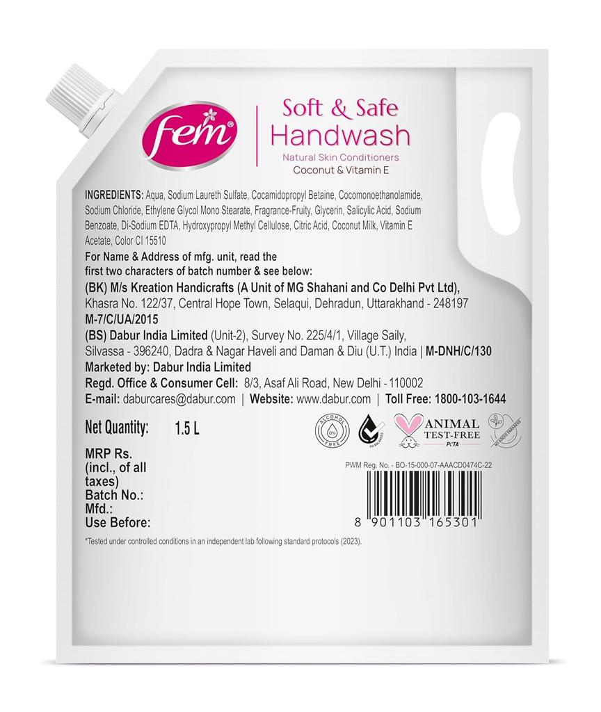 Dabur Fem Fruity Squash Handwash 1500Ml Pack | Coconut Milk & Vitamin E | Soft & Safe Germ Protection With Long Lasting Fragrance