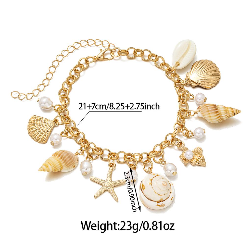 Women's Bohemian Faux Shell Multi-Pendant Gold Anklet, Starfish & Pearl Foot Chain