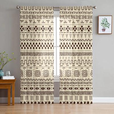 Traditional Ethnic Geometric Figures Beige Tulle Curtains Living Room Bedroom Kitchen Decor Chiffon Sheer Voile Window Curtains