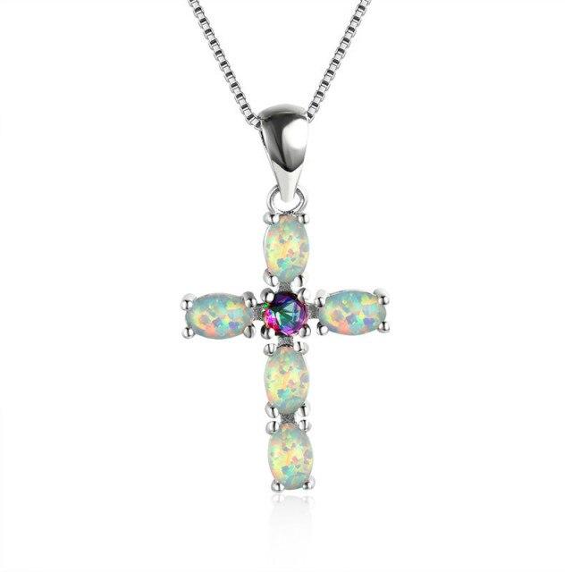 White Green Orange Opal Cross Pendant Birthstone Necklaces For Women Vintage Fashion 925 Silver Chain Red Blue Zircon Necklace