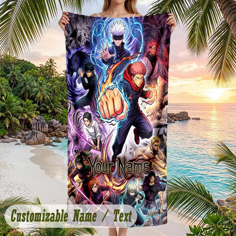 Jujutsu Kaisen Beach Towel, Personalized Custom Name Text, Quick Dry Large Absorbent Towel For Beach Pool
