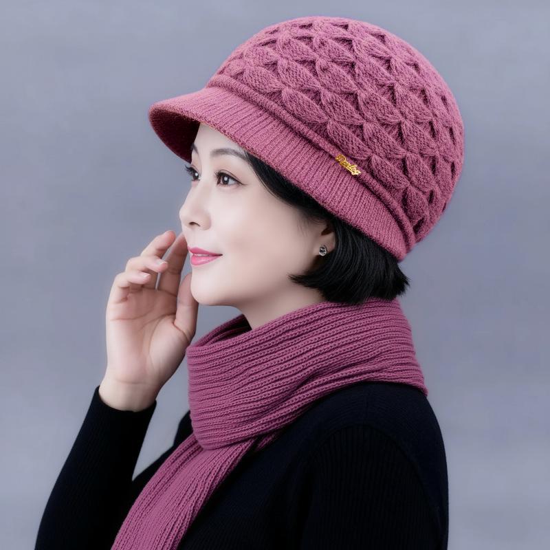 Dámská zimní vlněná čepice a šála: Hustý, Teplý, Odolný proti chladu pro střední věk a starší. Pletený design s plyšovou podšívkou.