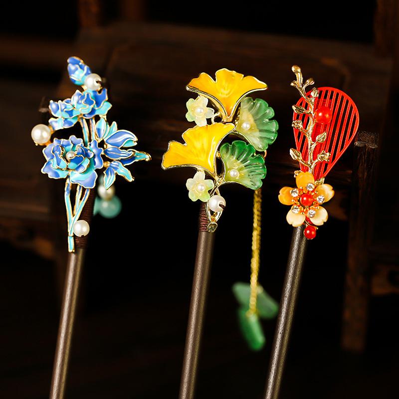 1Pc Updo Fresh Wood Ancient Headwear Flower Hairpin New Chinese Style Tassel Tassel Hairpin