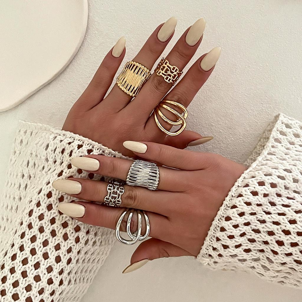 Exaggerated Large Pearl Metal Geometric Wide-Sided Ring, Personalized Line Smooth Joint Ring Ring