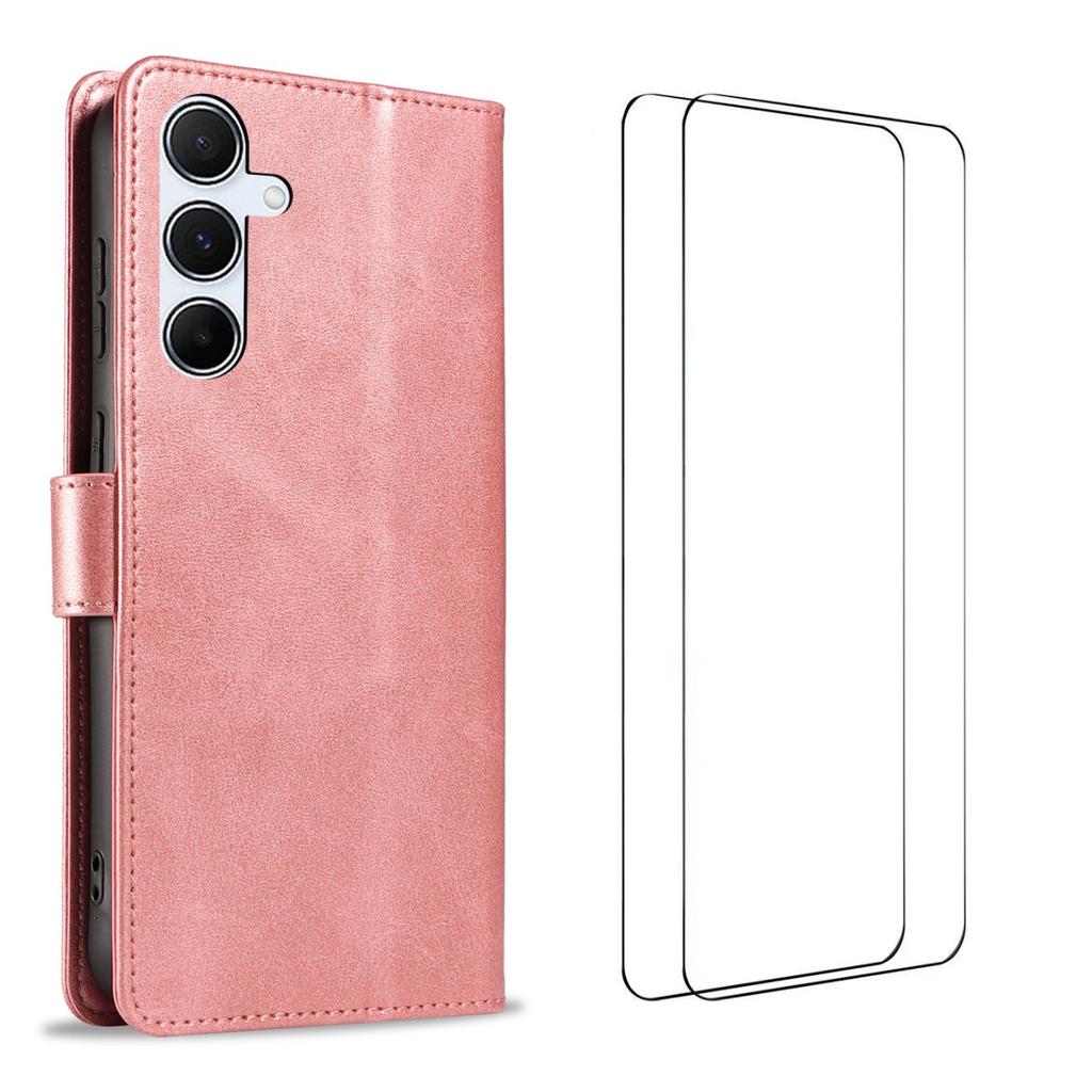 For Samsung Galaxy A55 5G Case with 2Pcs Tempered Glass WANLONFENG WN Series Calf Texture Leather Phone Cover Big Cutouts