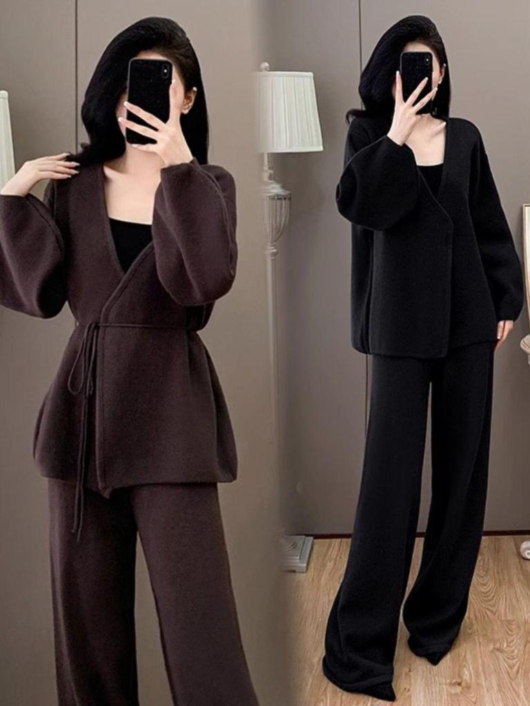 Elegant Autumn/Winter Loose-Fit Sweater & Wide-Leg Pants Set for Women