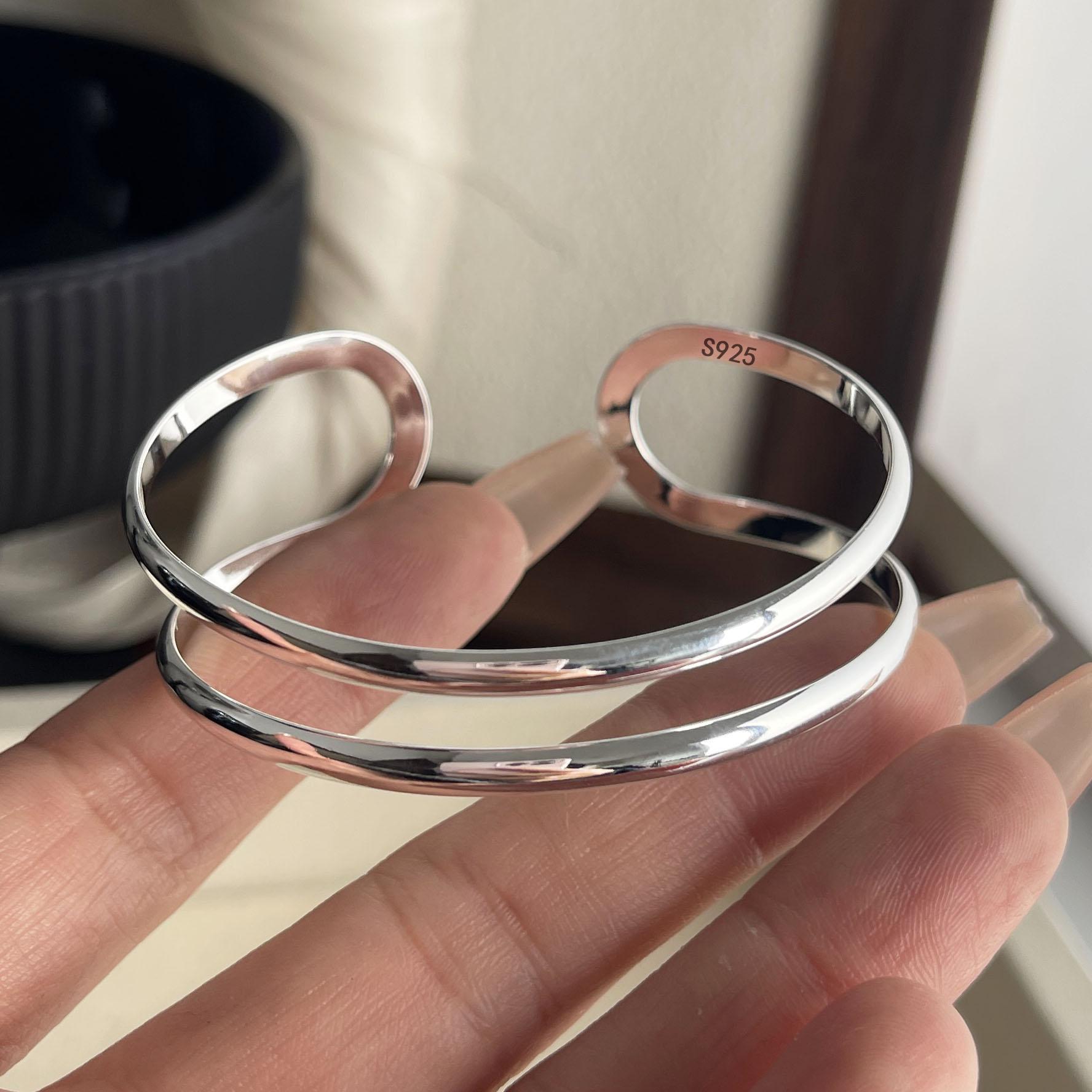 

100% Solid 925 Sterling Silver Retro Bracelet for Women Men Vintage Handmade Wide Double Layered Simple Bracelet Birthday Gift