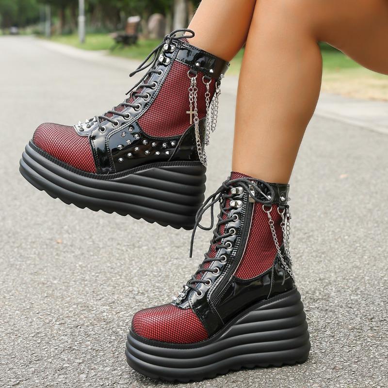 

Модная платформа Женские ботильоны с завышенным голенищем Осень/Зима 2025 Новые ботильоны на танкетке до середины голени 43 красный