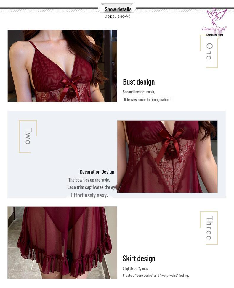 Experience the allure: Sexy French Lace Deep V Camisole Nightgown Set for Women.