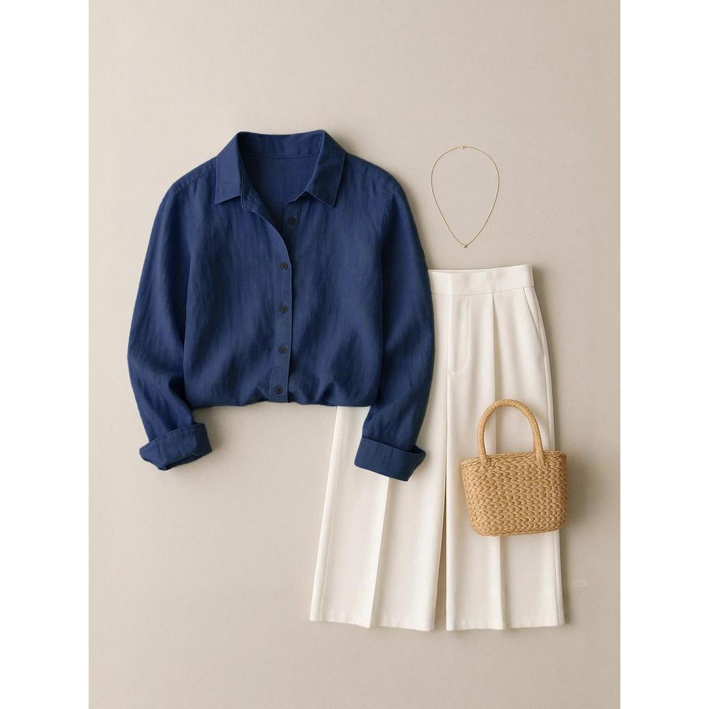 Women's French Casual Cotton Linen Long Sleeve Shirt - Spring/Autumn Collection