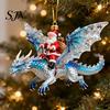 Xmas Tree Hanging Accessory Santa Claus Dragon Rider Christmas Ornament, 2D Acrylic Red Door Window Decor with Flying Decorations for Home Parties
