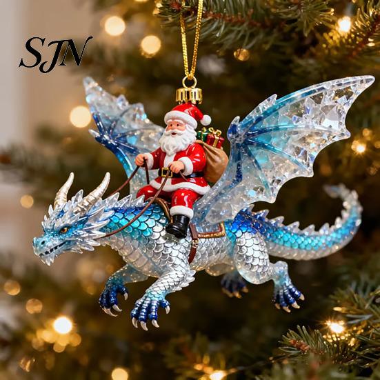 Xmas Tree Hanging Accessory Santa Claus Dragon Rider Christmas Ornament, 2D Acrylic Red Door Window Decor with Flying Decorations for Home Parties