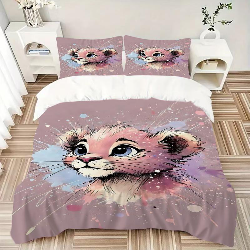 3pcs Pink Little Lion Bedding Set - Includes 1 Quilt Cover and 2 Pillowcases, Comfortable Bedding with Stylish Design for Bedroom,N076