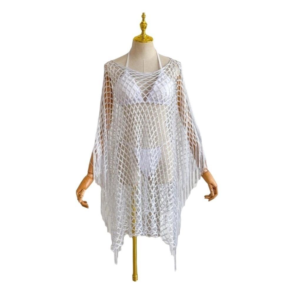 Tassel Sunscreen Cover-up Loose Fit Knit Hollow Out Top Fashion Fishnet Swimsuit Cover Up  Vacation
