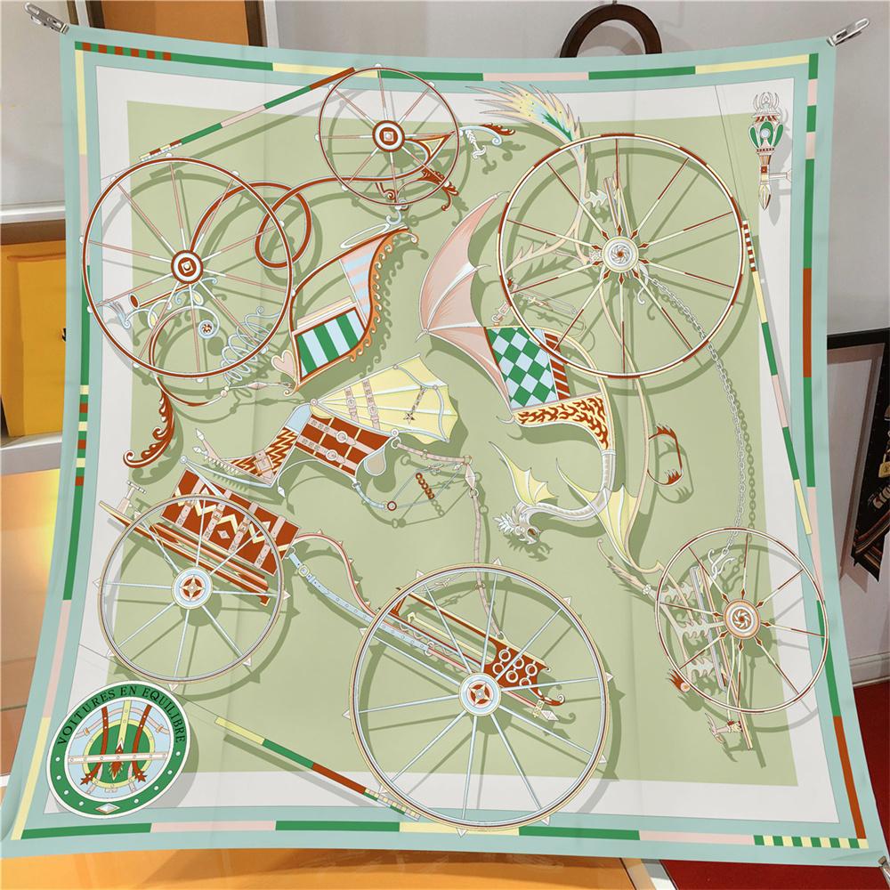 Silk Scarf Women Carriage Wheel Print Square Scarves Head Echarpes Silk Foulards Femme Wraps Beach Shawl Bandana Lady Hijab 90CM