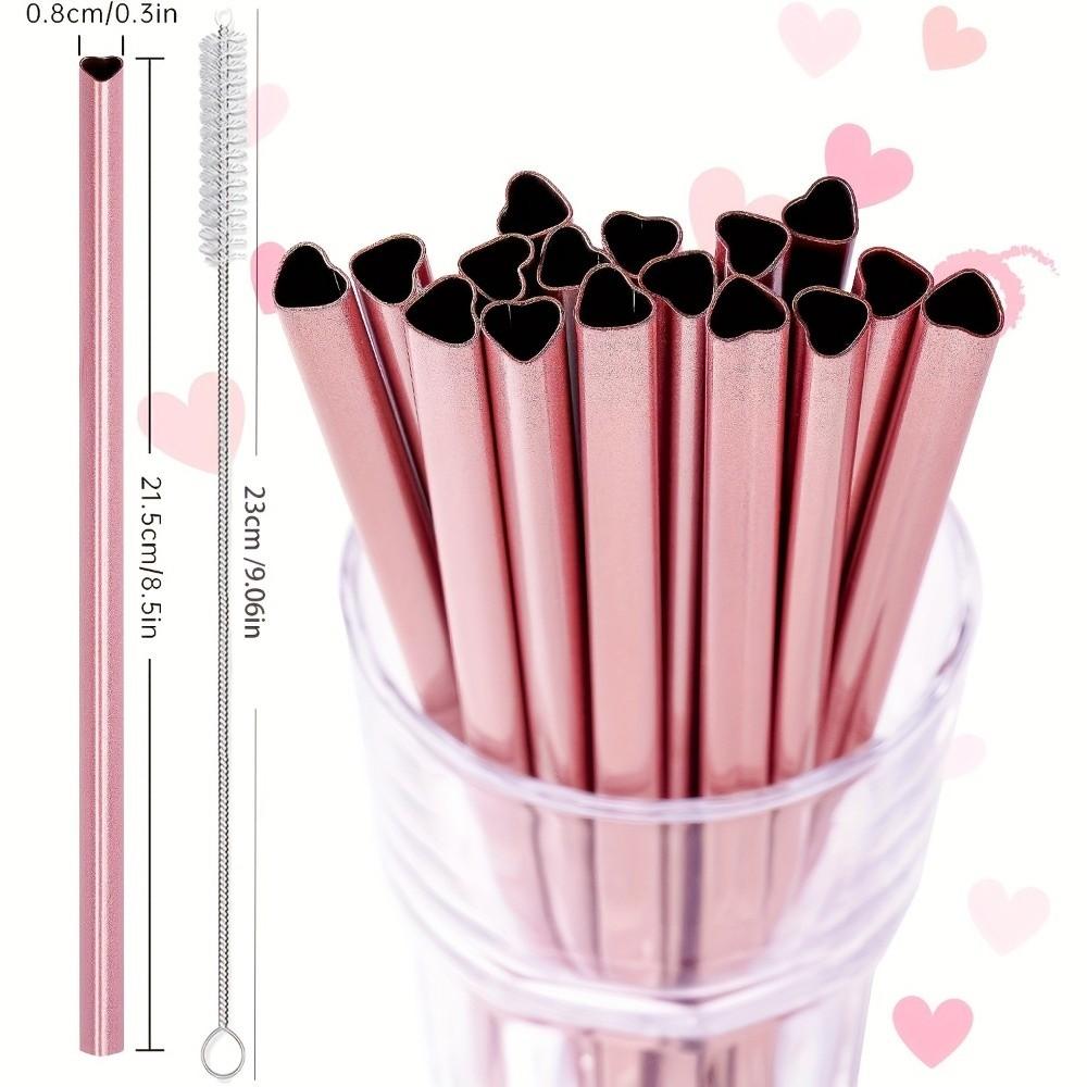 Pink Heart-Shaped Metal Straws Smooth Surface Eco-friendly 304 Stainless Steel Straws with Cleaning Brush Reusable Straws