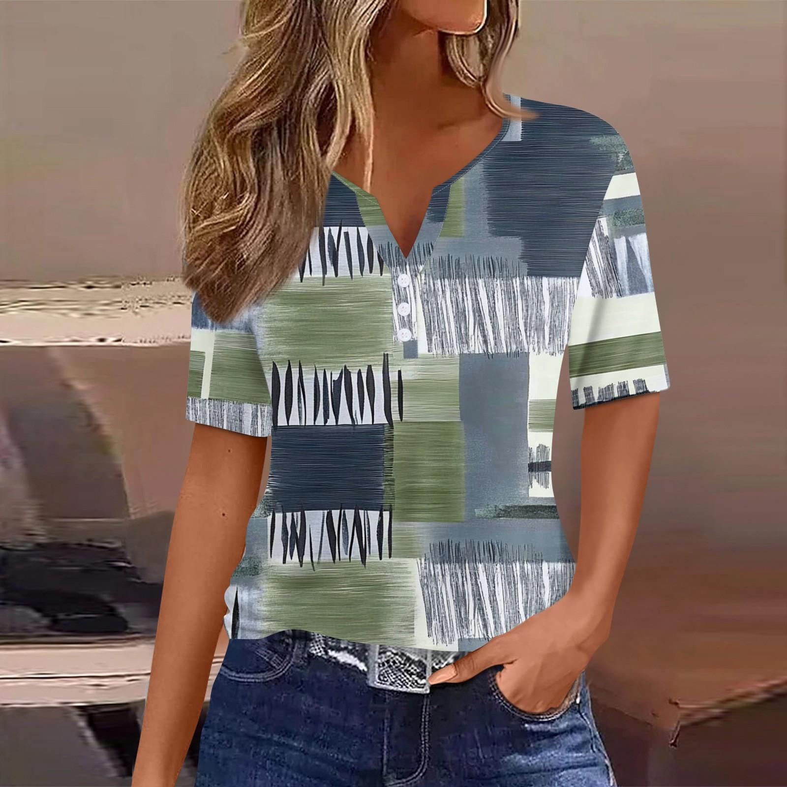 

Женская футболка с принтом на пуговицах, короткий рукав, туника, повседневная, выходного дня, модная, базовая, с V-образным вырезом, стандартный топ M