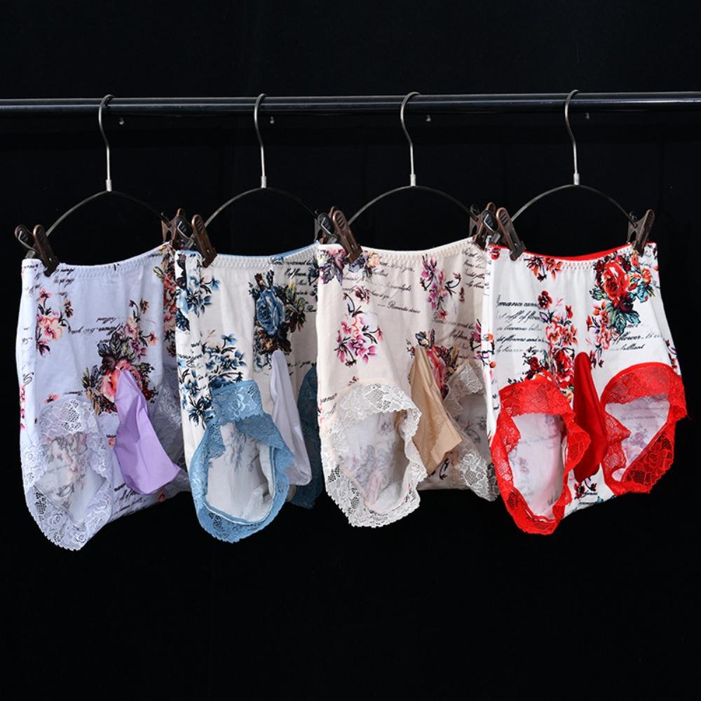 Men's Egg Pants Sexy Lace Printed Panties Fabric Traceless Mid-Waist Cotton Shorts Comfortable