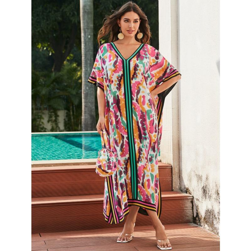 Damenmode Sommer Frühling Leopardenmuster 1/2 Ärmel V-Ausschnitt Lose Taille Freizeitkleider