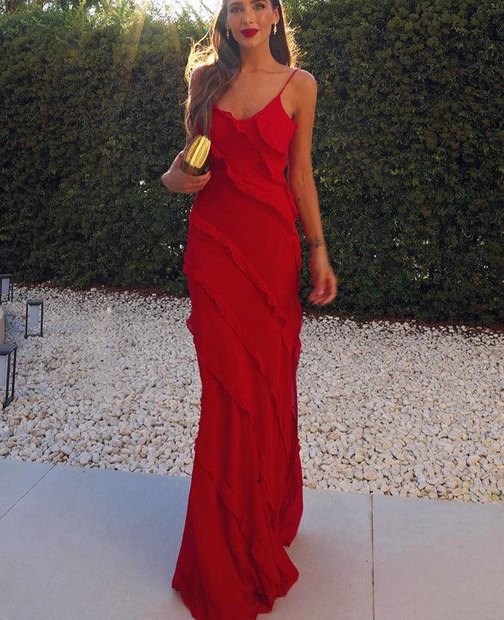 2023 Spring/Summer Backless Spaghetti Strap U-Neck Off-Shoulder Wavy Bodycon Side Slit Maxi Dress