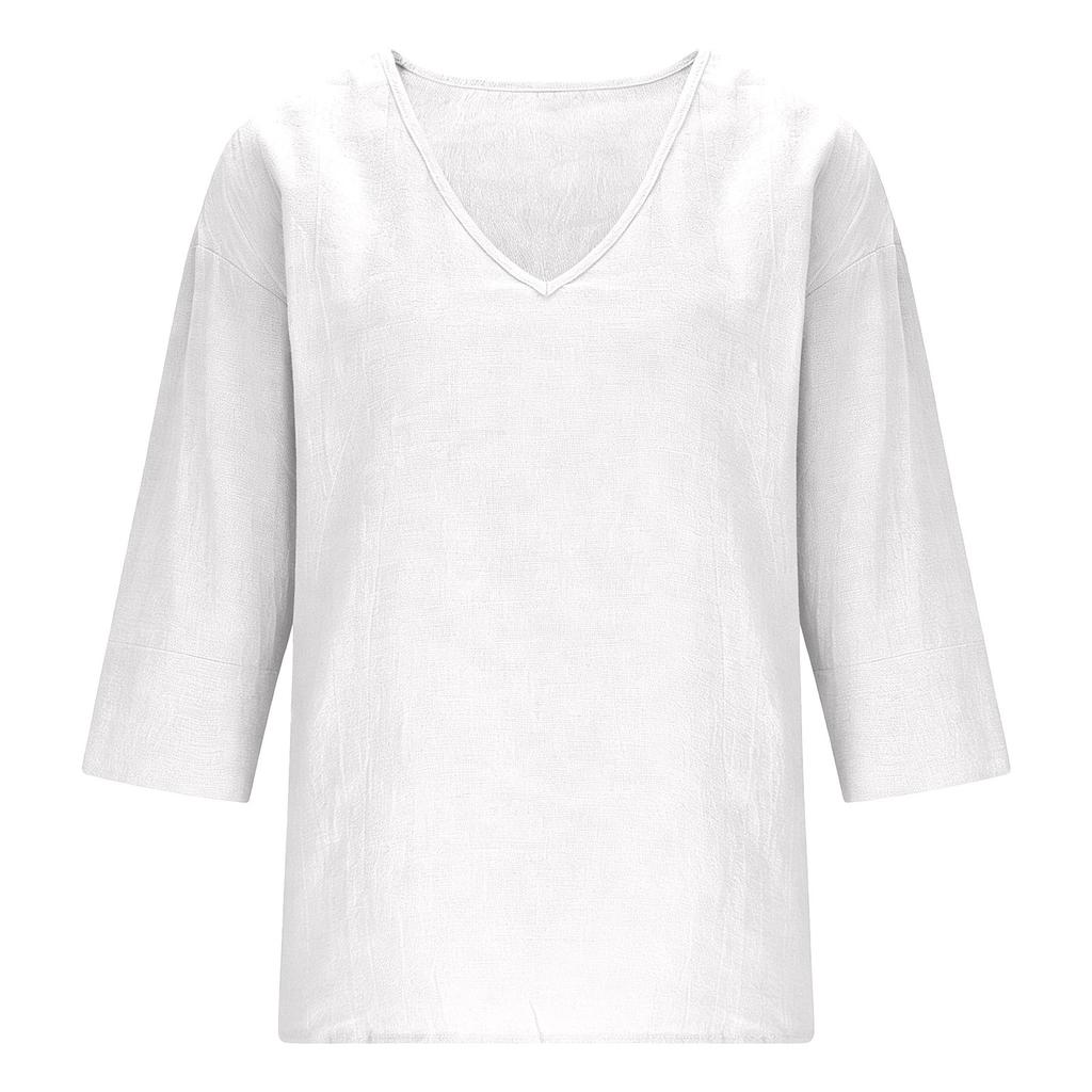 Donna Nuova Primavera Estate Cotone Slub Manica 3/4 Scollo a V Top, Blusa Casual Moda Larga