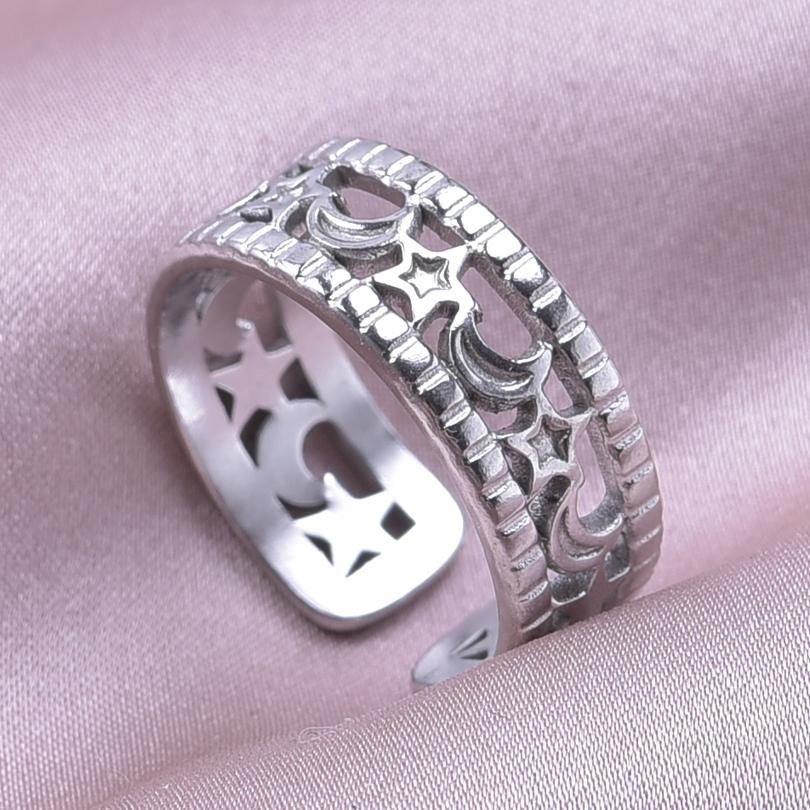 Punk Male Jewelry Mushroom Bone Moon Star Ring Stainless Steel Adjustable Rings For Women Men Accessories Leaf Finger Bague Gift