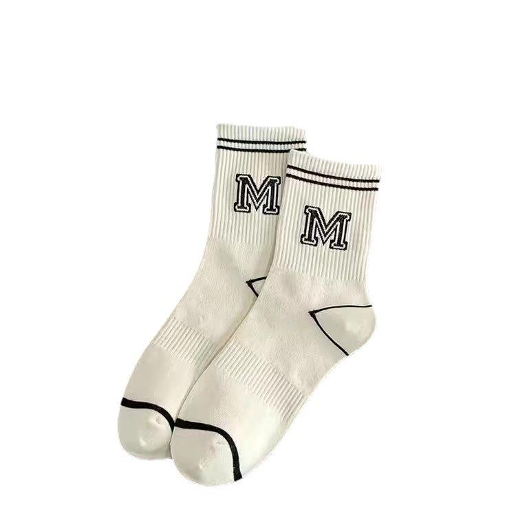 Women's Mid-calf Socks, Spring and Autumn Thin Striped M Letter, Trendy and Versatile, School Style Black and White Sporty Long Calf