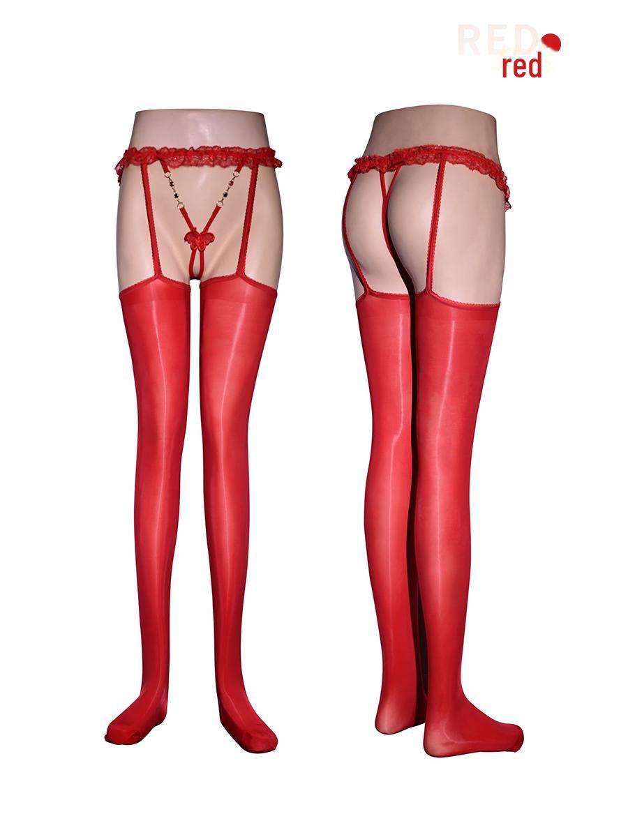 

Соблазнительный кружевной комплект из стрингов и чулок с открытым шаговым швом Colored diamond T-strap garter stockings красный