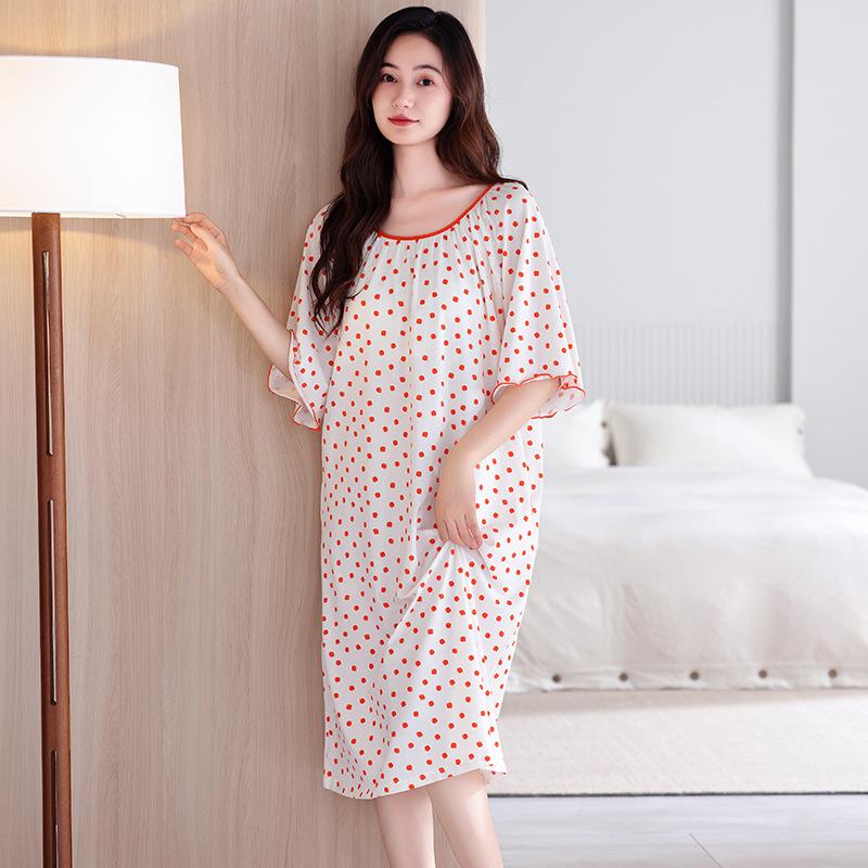 Pajamas Women's Summer with Chest Pads Short Sleeves Cotton Pajamas Skirts Long Summer Thin Maternity Large Size Dresses