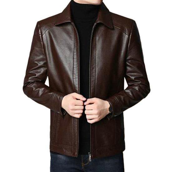 Men Jacket Faux Leather Solid Color Stand Collar Smooth Thick Warm Long Sleeve Zipper Neck Protection Motorcycle Windproof Cool Autumn Winter Jacket