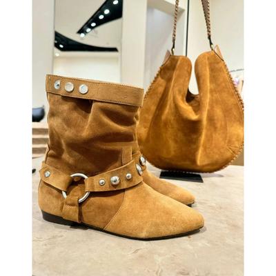 Vintage Rivet Thick Heel Pointed Martin Boots Women's Short Western Cowboy Pile Boots Frosted Leather Sleepy Short Boots