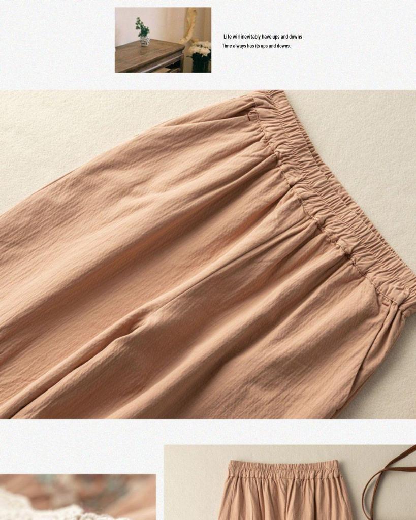 Women's Summer Cotton Linen Embroidered Harem Pants with Artistic Lace Stitching – Casual Nine-Point Bloomers
