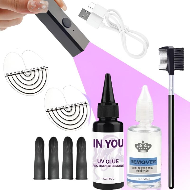 

UV Hair Extension Kit Clear UV Glue 30g 30ml Remover UV Lamp for Hair Wig Eyelash Extensions Professional Hair Tools A set