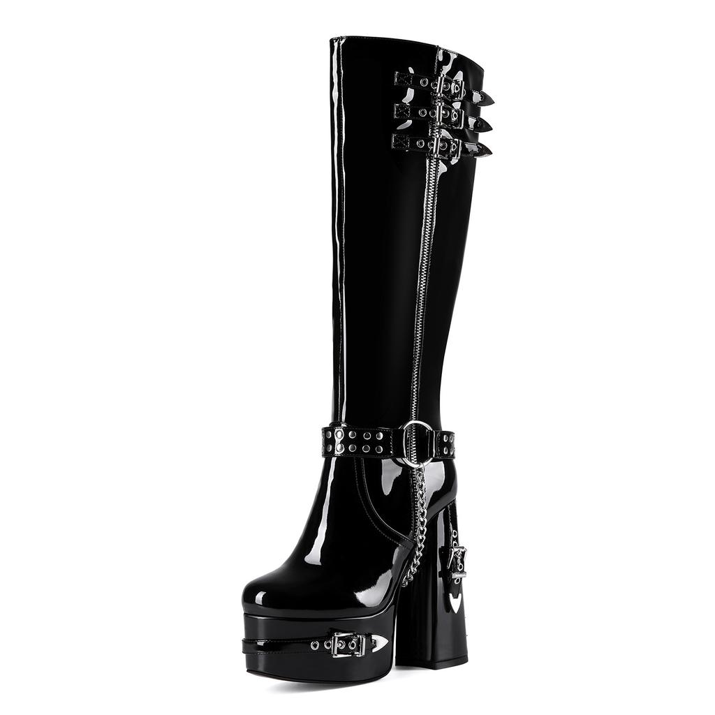 14.5cm Slim Fit Women Thigh High Boots Rivets Chains Platform Thick High Heels Boots Full Zip Shoes Woman Big Size 41 44 47