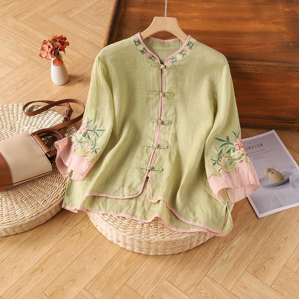 Cotton Linen New Summer Retro Ethnic Embroidered Shirt Women's Retro Button Color Blocked Seven Quarter Sleeve Top Loose Fit