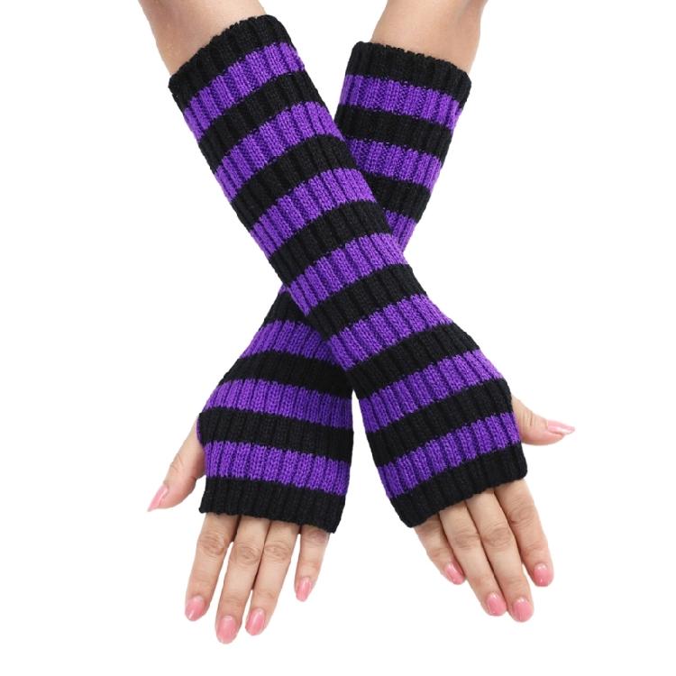 Teenagers Winter Half Finger Mitten Stripe Pattern Knit Keep Warm Lengthen Wrist 1