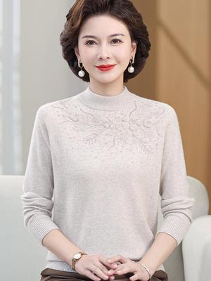 Pure Wool Semi-High Neck Sweater for Middle-Aged and Elderly Women - Autumn/Winter Fashion