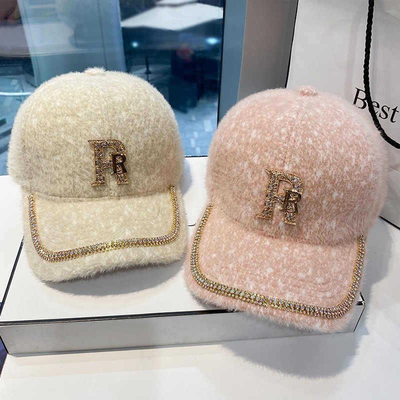 Hat Women's Autumn and Winter Versatile Trend Rhinestone Alphabet Baseball Cap Fashion Plush Warm Cap Women's Winter