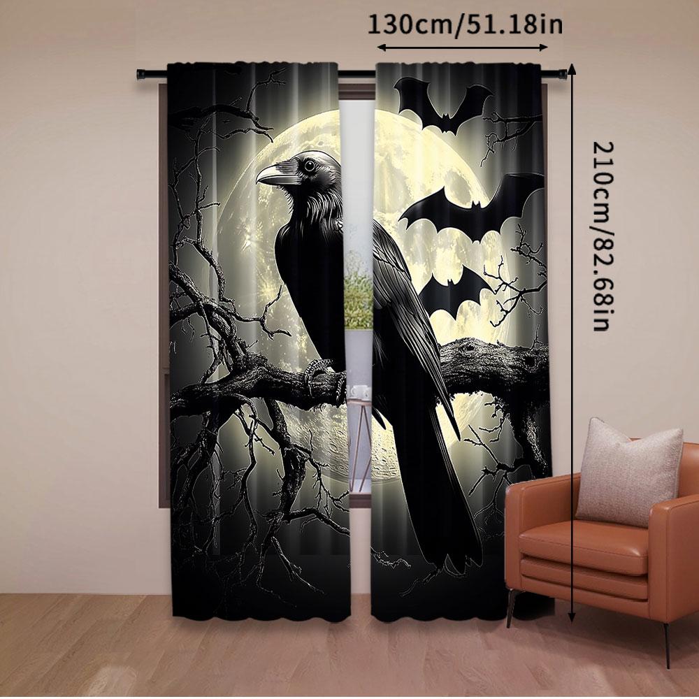 2Pcs Halloween Raven Curtain Scary Crow Full Moon Night Black Bat Spooky Misty Forest Decor Curtains Suitable For Living Room