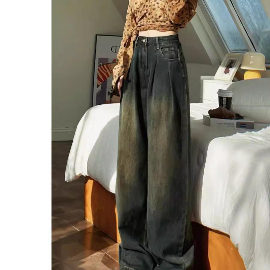 

Женские джинсы больших размеров с высокой талией в стиле ретро с широкими штанинами для фигуры типа «груша» - Весенне-осенняя свободная посадка XL