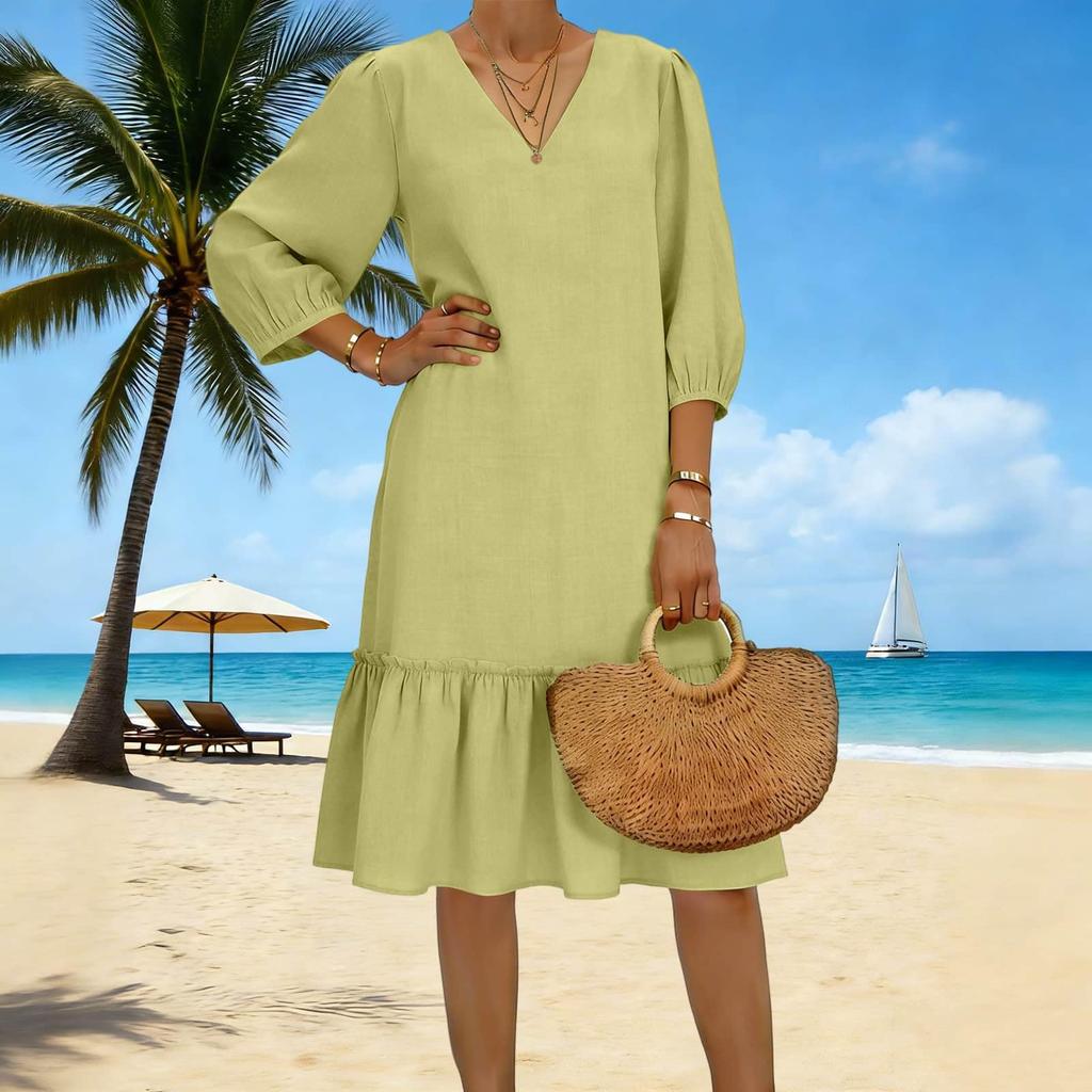 Women's Flowing Pleated V-Neck 3/4 Sleeve Linen Dress