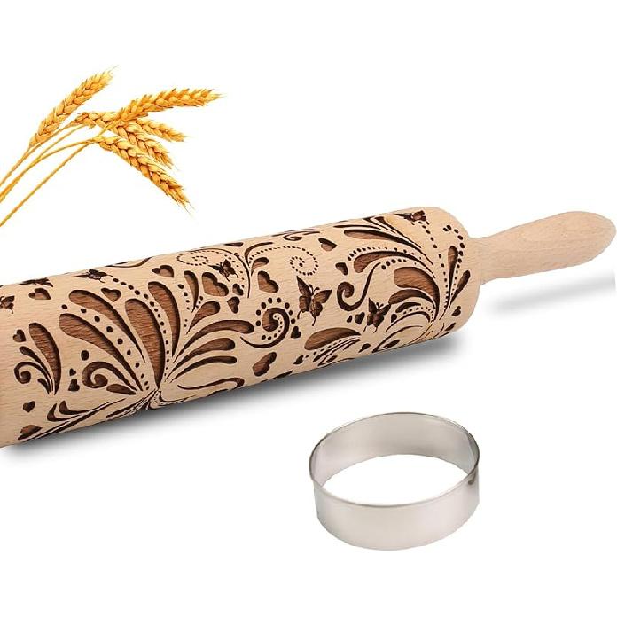 Christmas Embossed Rolling Pin for Baking Cookies Embossing Rolling Pins with Design Wooden Engraved Springerle Roller Pin Dough Patterned Clay