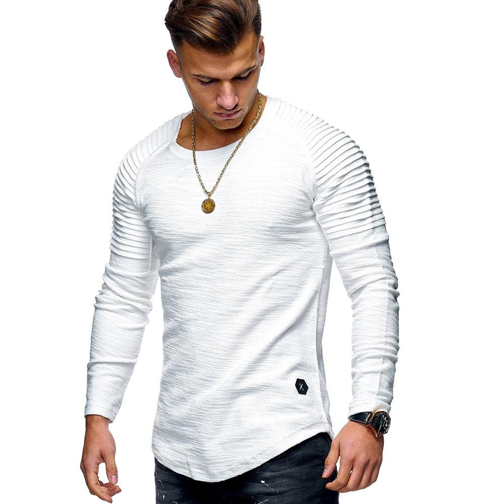 Men's Slim Fit Long Sleeve Raglan T-Shirt - Solid Color, Round Neck, Pleated Sleeves, Perfect for Spring & Autumn.