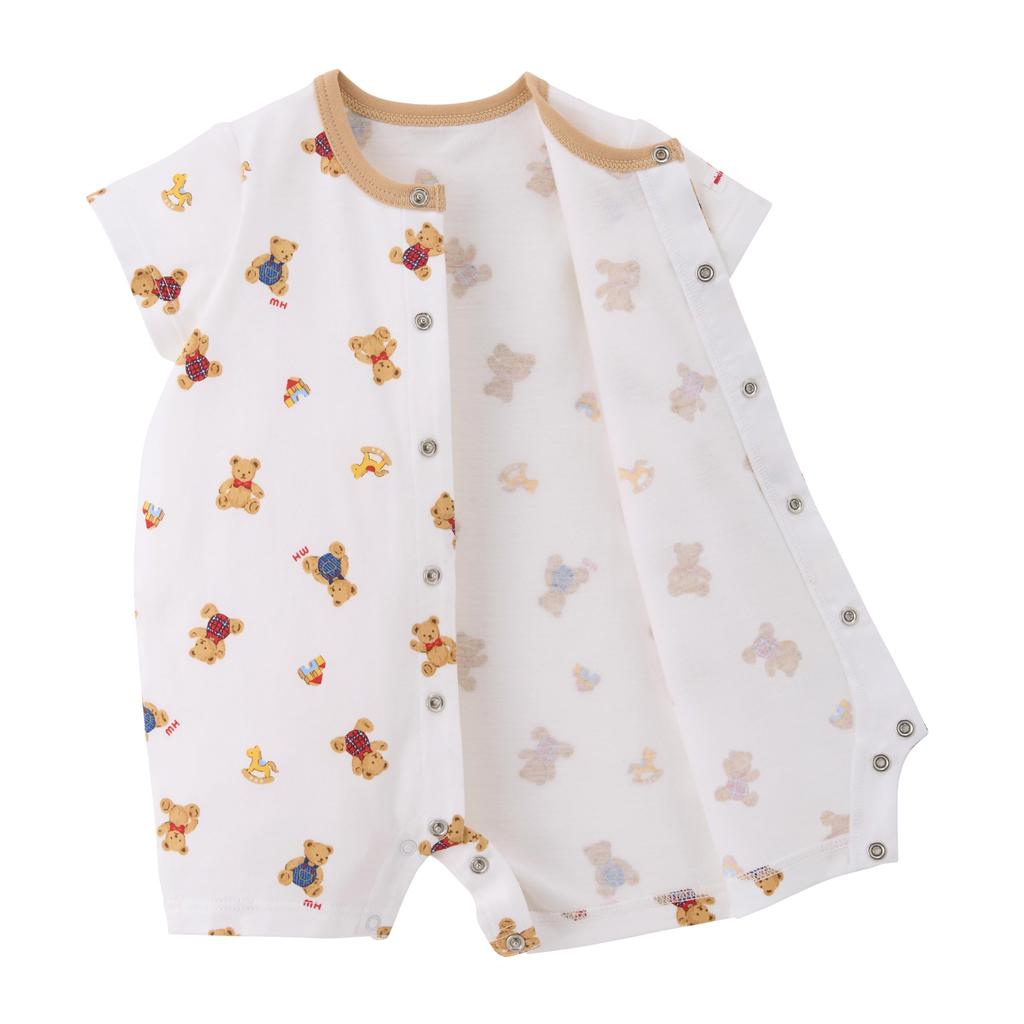Shortall Short Made in Baby White [Miki House] Romper, Sleeve, All-Over Pattern, Bear, Japan, Boys, Girls, Baby, Kids, Clothes, Infant, Children's